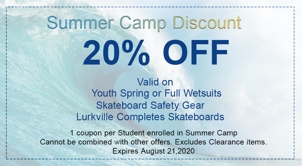 20% off Youth Spring or Full Wetsuits, Skateboard Safety Gear, and Lurkville Complete Skateboards